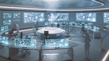 Modern, futuristic command center interior with people silhouettes